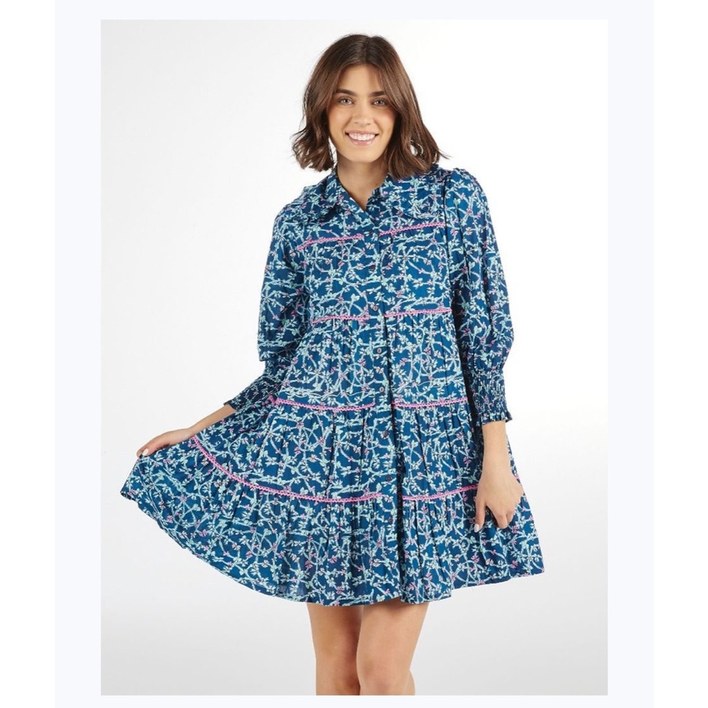 Simply Southern Floral Blue Long Sleeve Dress with pockets
